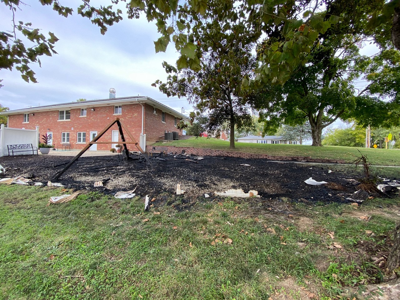 The charred remains of the 2021 playground fire.